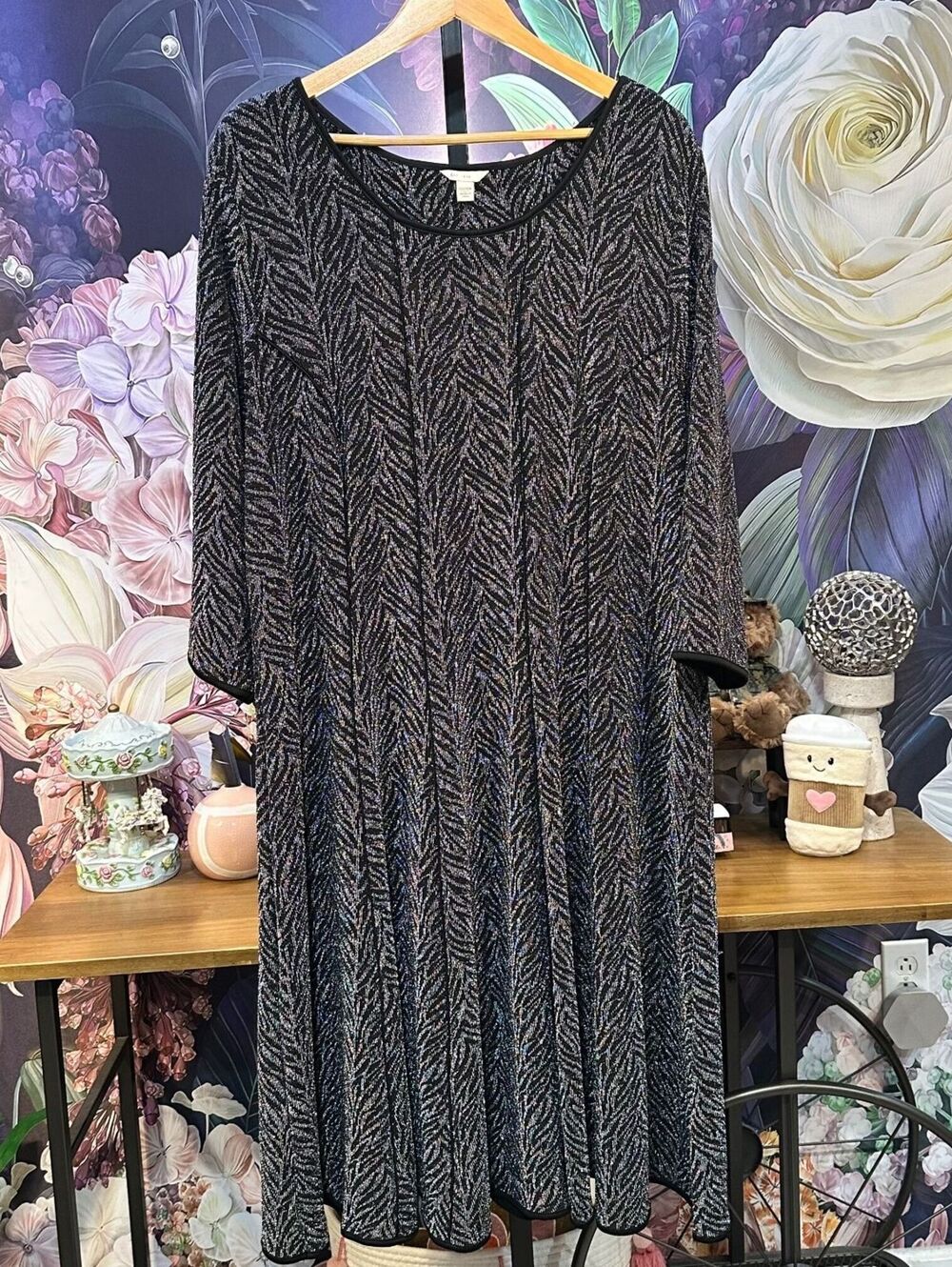 Cato 22/24W Metallic Herringbone Midi Dress Bell Sleeve Holiday Cocktail Glam